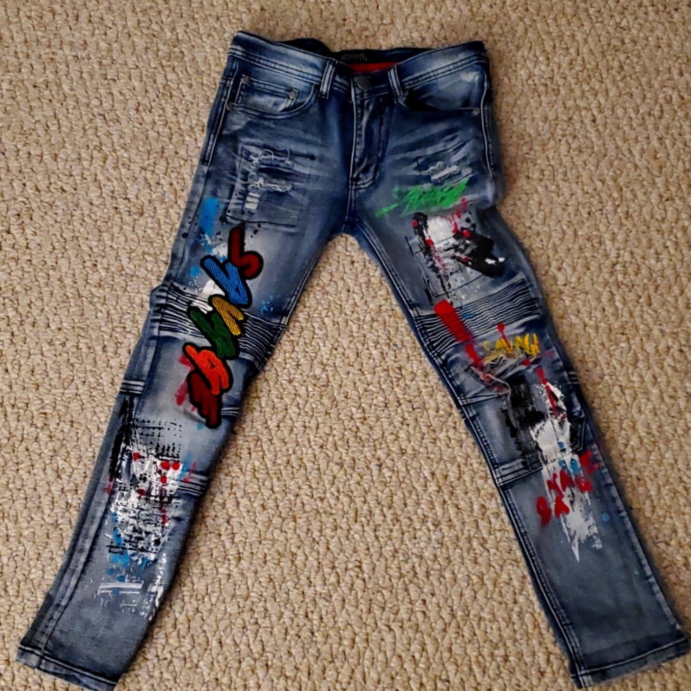 Encrypted "Savage" graffiti jeans, boys size: 10, denim